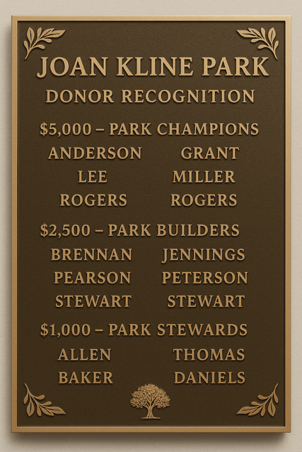 Mockup of the Joan Kline Park donor recognition plaque